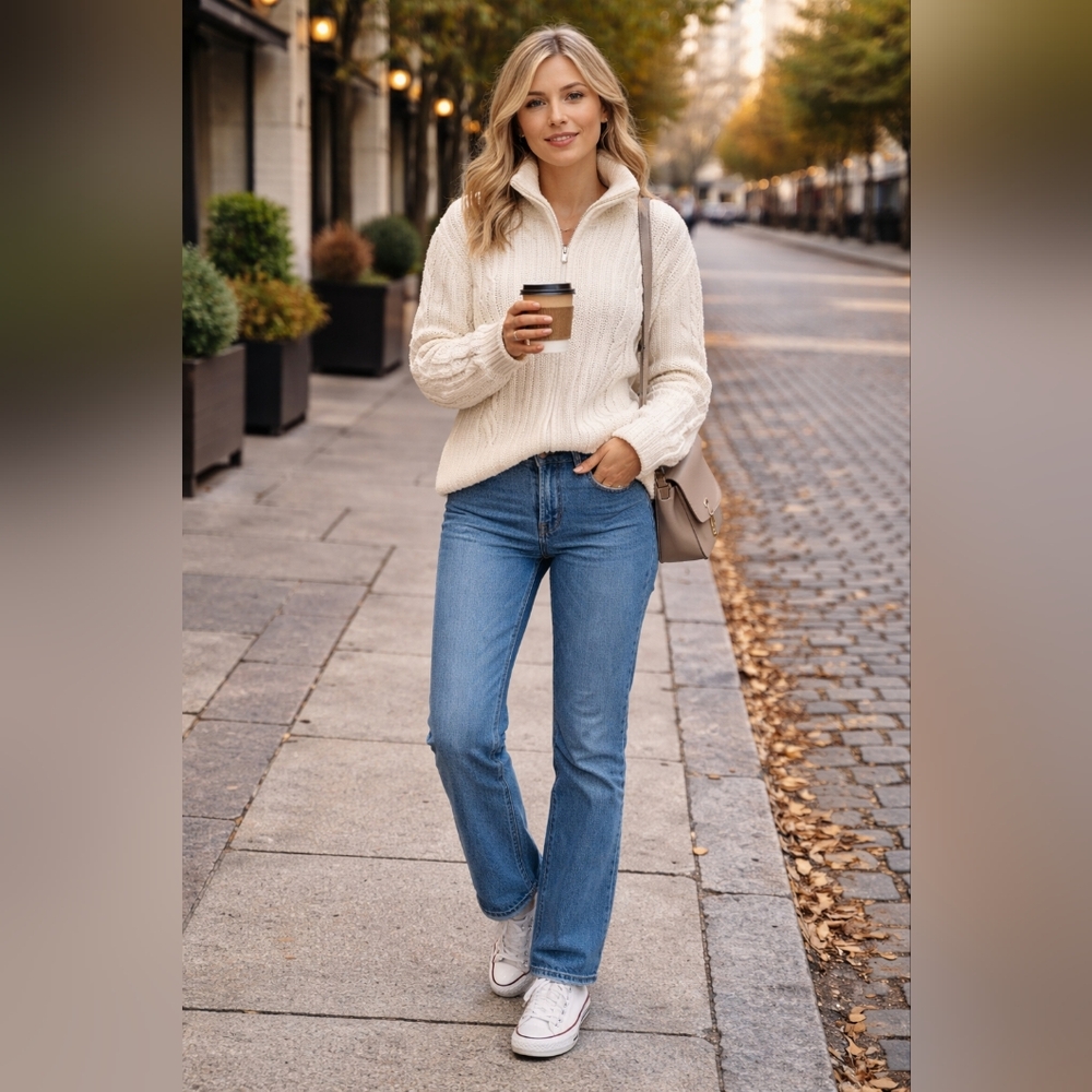 NWT Aakaa Cream 1/4 Zip Cable Knit Sweater